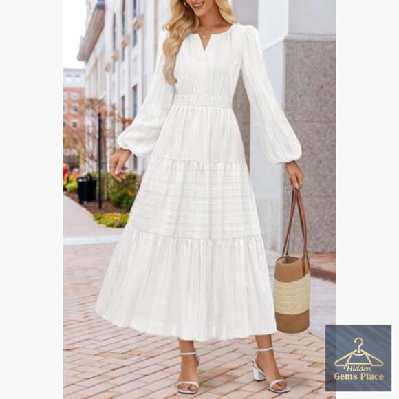 Long Sleeve V-Neck Tiered Cotton Maxi Dress with Pockets - Picture 2 of 7